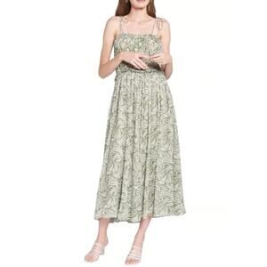 En Saison Sole Abstract Green Smock Midi Dress Size Large Cottage BOHO Milkmaid